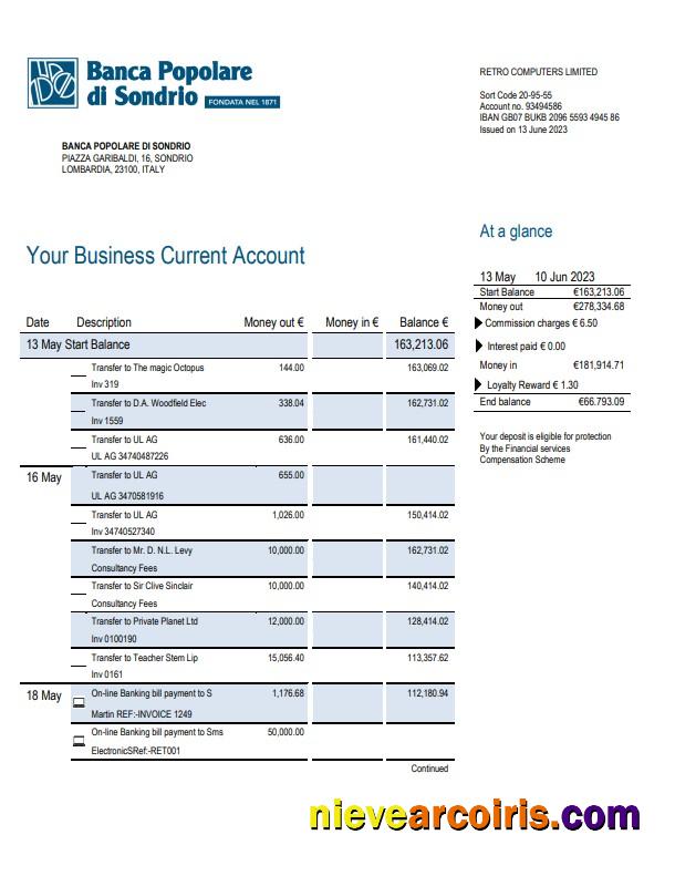 Banca Populaire di Sondrio Business Bank statement